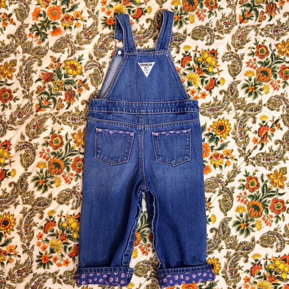 OshKosh Bgosh Denim Overalls Baby Toddler Blue Floral Trim Size 24 Months - Picture 7 of 10